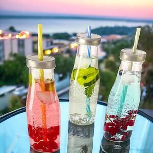 Ernesto l Set of 4 l Drinking Jars w/ Lids & Straws l Glass l 14.5 oz. l NIB